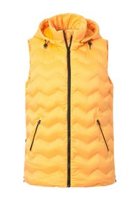 Puffweste ohne Ärmel in strahlendem Gelb, ausgestattet mit einem Zickzackmuster, einer Kapuze und zwei seitlichen Reißverschluss-Taschen mit kontrastierenden schwarzen Reißverschlüssen.