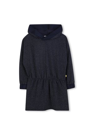 Robe à capuche bleu marine avec un motif texturé et moucheté, ceinture élastique et longues manches avec des poignets foncés.