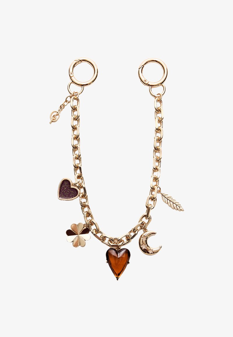 Gouden schakels armband met vijf bedels: een bruine hart, paarse glitterhart, blad, bloem en halve maan. Glad metalen afwerking.