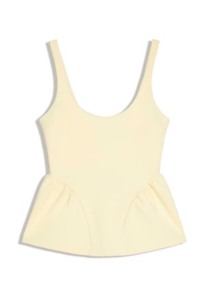 Haut sans manches couleur crème avec encolure arrondie et détails en tissu froncé et évasé à la taille sur les deux côtés.