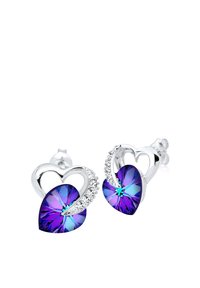 Silverhjärtformade örhängen med lila-blå kristaller, med en virveldesign och små klara detaljer.