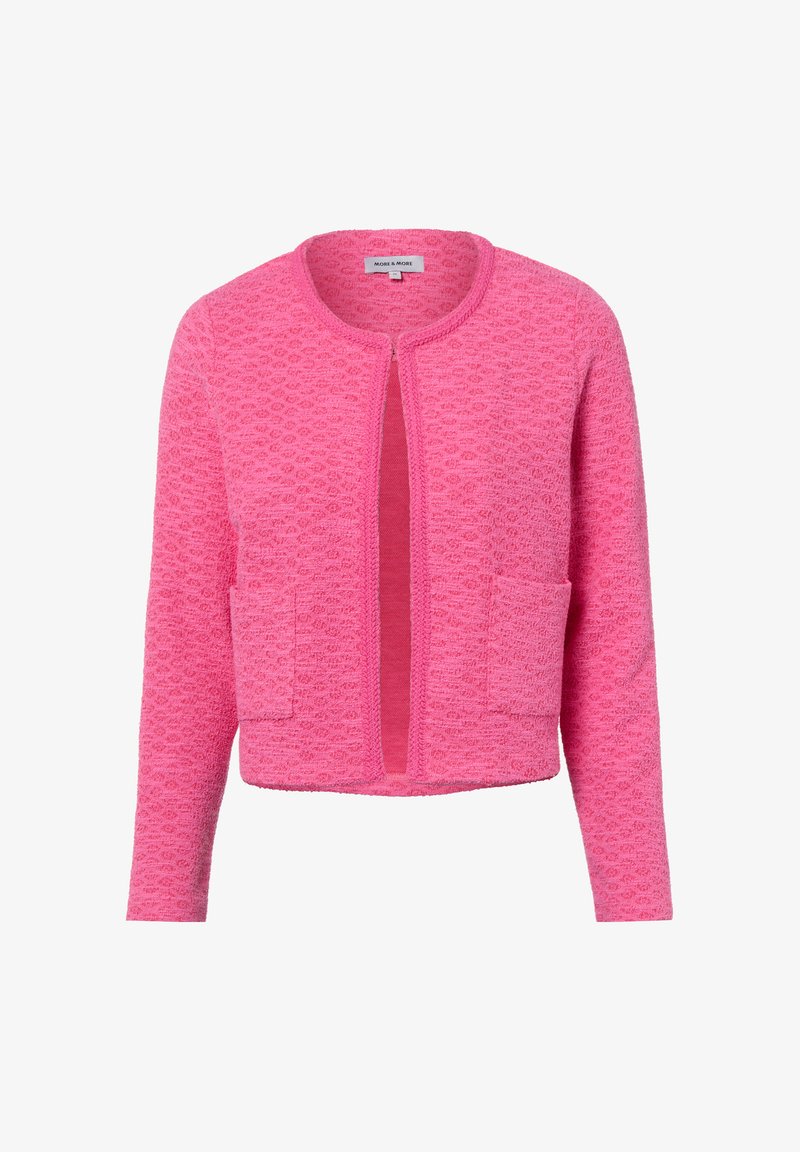 Pink knitted cardigan with a textured pattern, round neckline, open front, and two front pockets. Long sleeves, cropped length.