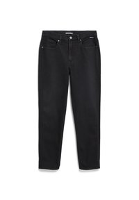 Jean noir à jambes droites avec poches avant, passants pour ceinture et fermeture à bouton à la taille, posé à plat sur un fond blanc.