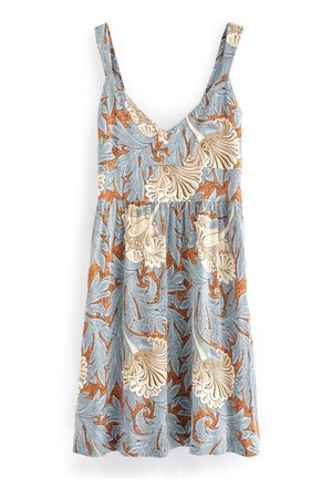 Robe sans manches à col en V, taille cintrée et jupe évasée, avec un motif floral et feuillage bleu, beige et rouille.