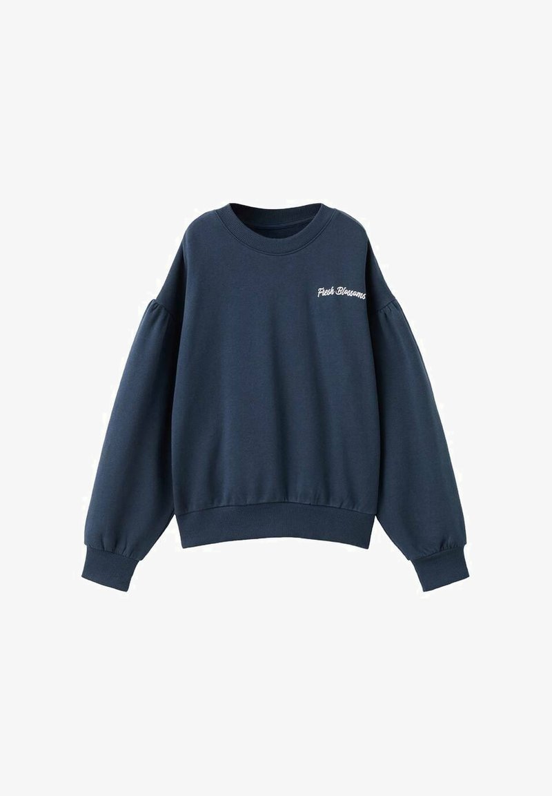 Námornícky modré mikina vyrobená z mäkkej tkaniny, s dlhými pufovanými rukávmi a okrúhlym výstrihom. Na prednej strane je biele vyšívané logo "Fresh Blossoms".