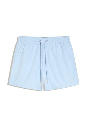 Jasnoniebieskie spodenki kąpielowe z elastycznym pasem i regulowanym sznurkiem, z metalowymi końcówkami na sznurku.