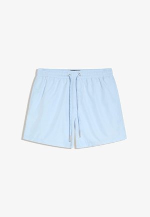 Pantaloncini da bagno azzurri con vita elastica e coulisse regolabile, con terminali in metallo sulle estremità della coulisse.