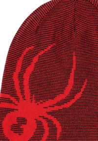 Rood en zwarte gebreide muts met een spinnenafbeelding. Beschikt over een gestructureerd, patroonontwerp en een strakke pasvorm voor warmte.