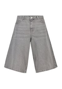 Culottes de denim gris con un diseño de pierna ancha, que cuentan con un cierre de botón frontal y un estilo clásico de cinco bolsillos. Tejido suave y texturizado.