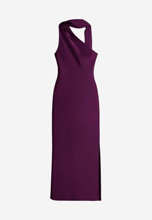 Abito senza maniche di colore viola con scollo drappeggiato e spacco laterale. Realizzato in tessuto morbido, presenta un design con spalla attorcigliata.
