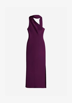 Sleeveless purple dress with a draped neckline and a side slit. Made of smooth fabric, featuring a twisted shoulder design.