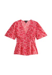 Red floral blouse with a deep v-neck, short puff sleeves, and a peplum hem. The fabric features tiny white flowers on a vibrant background.
