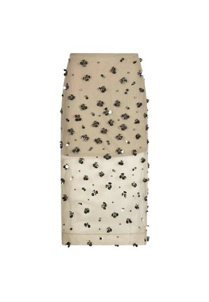 Gonna midi beige trasparente con decorazioni floreali in paillettes nere e argento distribuite sul tessuto.