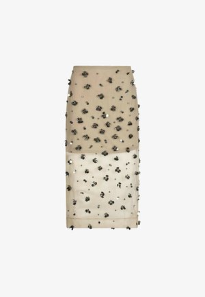 Gonna midi beige trasparente con decorazioni floreali in paillettes nere e argento distribuite sul tessuto.
