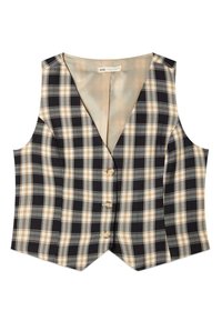 Gilet à carreaux présentant des couleurs noire, beige et grise. Il a un décolleté en V profond, un design sans manches et cinq boutons à l'avant. Texture de tissu lisse.