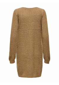 Pull en tricot de couleur marron clair, à manches longues et avec des accents côtelés au niveau de l'encolure et des poignets, présentant une coupe ample et décontractée.