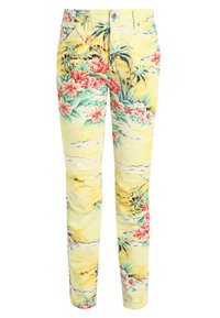 Gula bomullsbyxor med ett tropiskt blommönster som har rosa blommor och gröna blad. Slim fit-design med framfickor och knappknäppning.