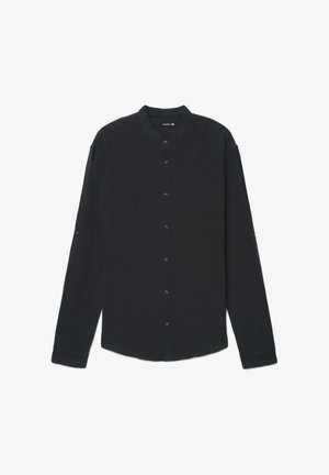 Camicia nera a maniche lunghe con bottoni, collo alla coreana, vestibilità slim e dettagli con bottoni su polsini e maniche, taglia XL.