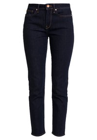 Tmavě oprané slim-fit džíny s předními a zadními kapsami, s knoflíkovým zapínáním a kontrastními švy.