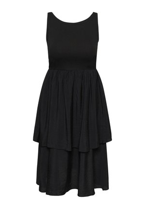 Ærmeløs sort kjole med tætsiddende ribbet bodice og sammensyet dobbelt-lags nederdel, knælængde med rund halsudskæring.