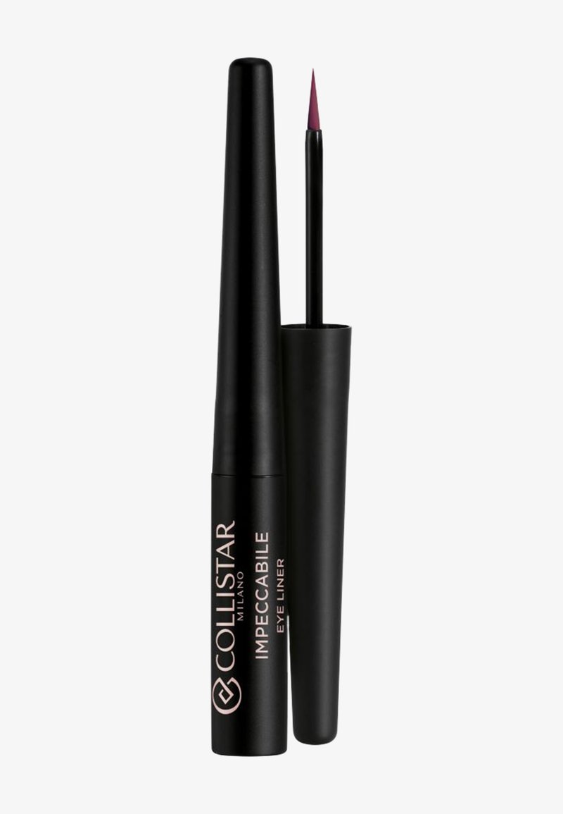 Eye-liner liquide noir avec une finition mate élégante et un applicateur pointu. Présente un texte de marque en or rose près de la base.