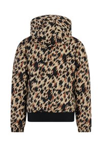 Puffjacke mit Kapuze, mit einem Tiermuster in Beige, Schwarz und Rostorange. Elastische Bündchen und Saum für eine enganliegende Passform.