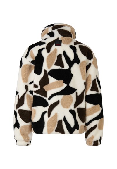 Fleecevest met abstract patroon in crème, bruin en zwart. Hoge kraag en een losse pasvorm met afgeronde mouwen en een zachte, gestructureerde afwerking.