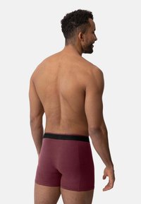 Shorts de boxeur bordeaux avec une taille noire, fabriqués en tissu doux, présentant un ajustement serré et un design sans couture, exposés de dos.