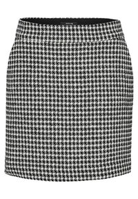 Falda de patrón de espiga en blanco y negro con una silueta ajustada, textura suave y una cinturilla negra sólida. Etiqueta de la marca visible en la parte superior.
