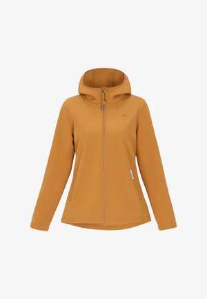 Žuta jakna u boji senfa s kapuljačom, punim patentnim zatvaračem, bočnim džepovima i glatkom teksturom. Sadrži detalj s logotipom na prsima i podesive uže.