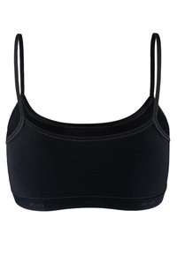 Černý bralet s tenkými nastavovacími ramínky, hladkým povrchem, elastickým páskem na spodním okraji a minimem švů.
