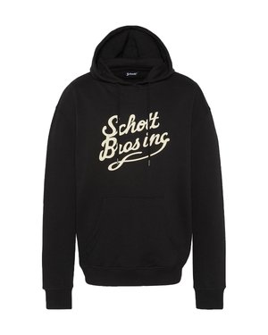 Sudadera con capucha negra hecha de algodón, con bolsillo frontal, capucha ajustable con cordón y logo "Schott Brosing" en color crema en el pecho.