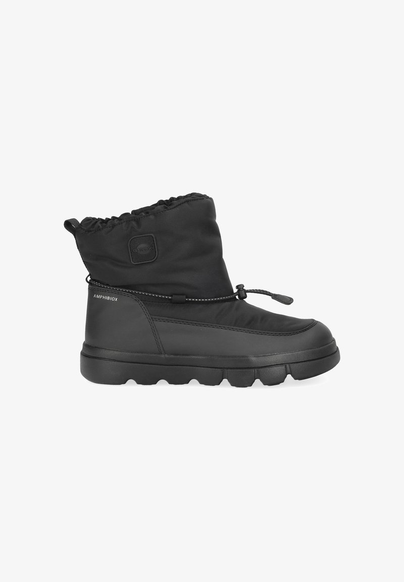 Black waterproof winter boot with a gathered top, textured upper material, round toe, and a chunky rubber sole featuring grip patterns.