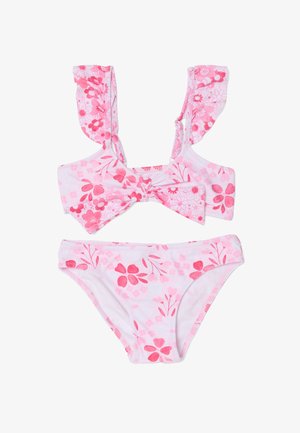 Maillot de bain deux pièces pour fille avec motifs floraux roses et rouges, bretelles à volants et détail nœud sur le haut.