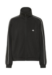 Giacca a track nera con zip e colletto alto, strisce bianche lungo le maniche, polsini e bordo elastici, e piccolo logo bianco sul petto.