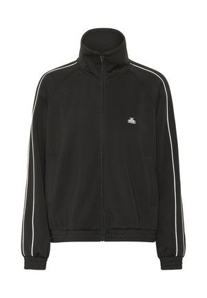 Giacca a track nera con zip e colletto alto, strisce bianche lungo le maniche, polsini e bordo elastici, e piccolo logo bianco sul petto.