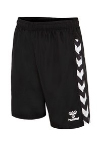 Svarta sportshorts med elastisk midja, med ett vitt chevronmönster på sidorna och en logotyp på den nedre fronten. Mjukt tyg.