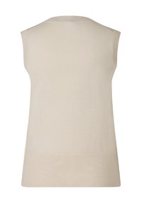 Beiges ärmelloses Oberteil aus weichem Stoff mit geripptem Saum und Ausschnitt, das ein schlichtes, klares Design ohne Muster oder Verzierungen aufweist.