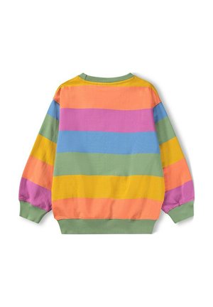 Multicolored striped sweatshirt featuring horizontal bands in pink, orange, yellow, green, and blue, with a green ribbed neckline and cuffs.