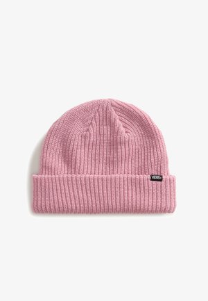 Bonnet en tricot côtelé rose avec revers et petite étiquette noire Vans sur fond blanc.