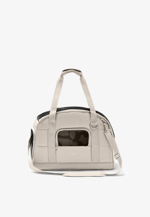 Beige soft-sided pet carrier bag with mesh windows, dual handles, and an adjustable shoulder strap on a white background.