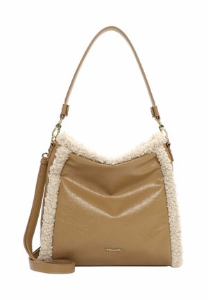 Sac seau en cuir fauve avec bordure en fourrure texturée crème. Présente un haut incurvé et une sangle réglable. Logo discret de la marque à l'avant.