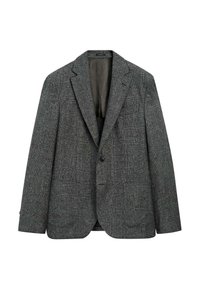 Grey textured blazer with a subtle pattern, single-button closure, notched lapels, two front pockets, and a satin inner lining.
