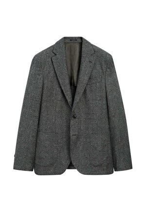 Grey textured blazer with a subtle pattern, single-button closure, notched lapels, two front pockets, and a satin inner lining.