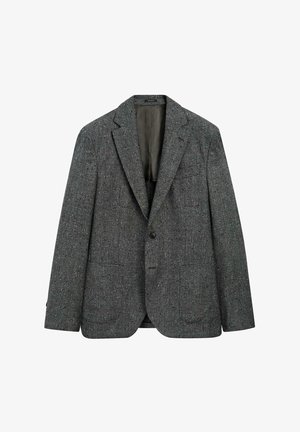 Grijze textuur blazer met een subtiele print, enkele knoopsluiting, notch revers, twee voorzakken en een satijnen binnenvoering.