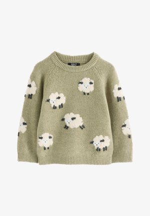 Hellgrüner Wollpullover mit weißen und schwarzen Cartoon-Schafmustern, die über Vorderseite und Ärmel verteilt sind.