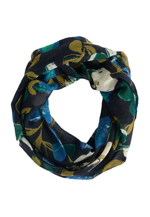 Blumen-Infinity-Schal mit dunkelblauem Hintergrund, der blaue und grüne Blätter sowie weiße Akzente zeigt, aus leichtem, durchsichtigem Material gefertigt.