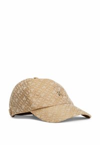 Cappellino da baseball beige con tessuto texturizzato che presenta un motivo sottile, logo ricamato sulla parte frontale e fascia regolabile sul retro.