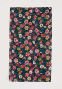 Blumenschal mit grün-dunklem Hintergrund und roten, rosa und blauen Blumen und Blättern. Leicht, mit weicher Textur, rechteckige Form.