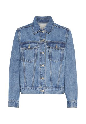 Hele sinine denim jakk, millel on kraed, kaks rinna taskut, hõbedased nupud ja veidi lühike lõige. Tekstuuriga pind, millel on õmblused.